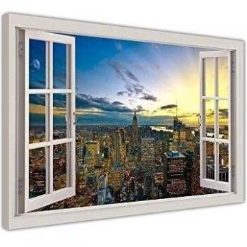 CANVAS IT UP Ciudad de Nueva York Atardecer Rascacielos con 3D Efecto Ventana bahía Cuadros en Lienzo Modern Pared Arte Enmarcado Prints tamaño: 40 x 30