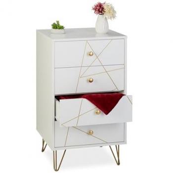 Cómoda Auxiliar Relaxdays, 86 x 48 x 39 cm, 4 Cajones, MDF y Hierro, Blanco/Dorado, Ideal para Dormitorio, Salón y Pasillo