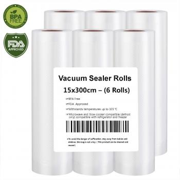 Rollo Envasado Vacío, 6 Rollos Bolsas de vacío 15x300cm de Grado Comercial para el Ahorrador de Alimentos y Sous Vide Cocina, Aprobación de la FDA y BPA Free