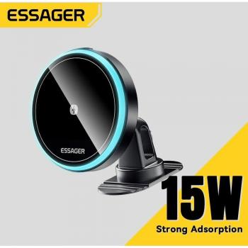 Soporte Magnético Inalámbrico para Auto Essager 15W, Ajustable 360 Grados, Cargador de Auto para iPhone 15/14/13 Pro y Teléfonos Universales Samsung, Tipo Paste Negro