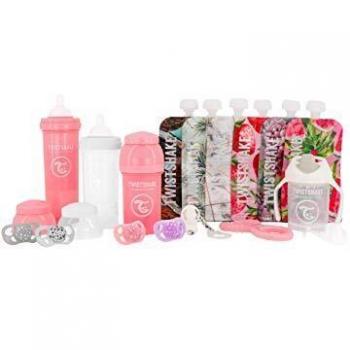 Twistshake Set Rosa 0M+ con Botellas, Minicup, Chupetes, Cadenita, Mordedor y 6 Bags Pack
