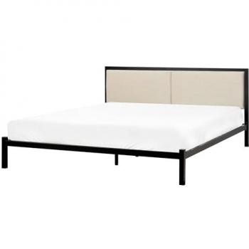 Cama de metal negra 160 x 200 cm con somier y cabecero de tela beige claro diseño moderno Clamart