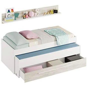 Conjunto Cama + Estante Elliot 2 Colchones + 1 Cajón Blanco/Gris