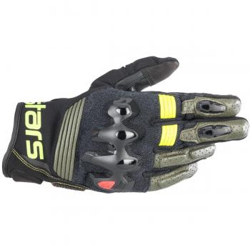 Guantes de Moto Alpinestars Halo Adventure Negro-Amarillo, características: material de cuero, diseño ergonómico, refuerzos en los nudillos, protección contra impactos, ventilación optimizada, cierre ajustable en muñeca