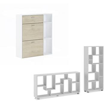 Set Zapatero y Estantería Wind - Muebles Modernos en Blanco Mate y Roble - Oficina y Almacenaje 90x26x101.5cm / 68,5x25x161cm