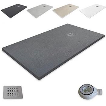 PLATO DE DUCHA RESINA EXTRAPLANO Outletaseo® - ANTIDESLIZANTE TEXTURA PIZARRA - 100x90 cm, GRIS GRAFITO RAL-7015 - Incluye Vál