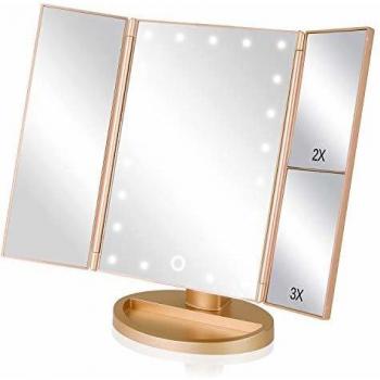 EASEHOLD Espejo de Mesa, Regalos Espejo de Maquillaje Tríptico con Aumentos 1x, 2X, 3X, Cosmético Espejo Plegable y Adjustable 180° con 21 LED con Mostrador, USB o Batería, para Mujer