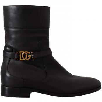 Dolce & Gabbana Black Leather Flats Logo Short Boots - EU36/US5.5