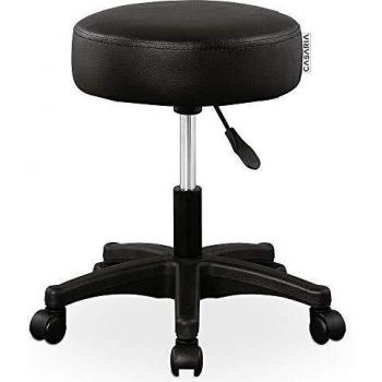 Taburete con ruedas de cuero de imitación negro, altura regulable 46-60cm, acolchado 10cm, giro 360°, diámetro 35cm
