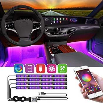 [Función de cambio de sincronización de música] Luces LED interiores para automóviles, controladas por aplicaciones, puerto USB, luces LED multicolores para interiores como luces ambientales