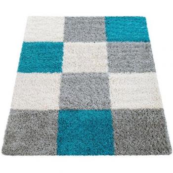 Alfombra Shaggy de Pelo Alto y Largo con Cuadros en Blanco, Gris y Azul - 70x250 cm
