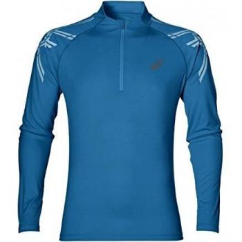 Asics Stripe 1/2 Zip Camiseta Técnica de Manga Larga, Hombre, Azul