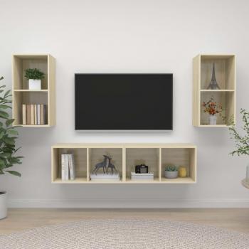Mueble de salón de pared 4 piezas en madera de ingeniería color roble Sonoma, incluye mueble TV, mesa de TV y mueble tele