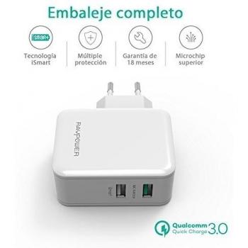 Quick Charge 3.0 Cargador de Red RAVPower 30W, Cargador Pared [Qualcomm Certificado QC3.0] Doble Puerto USB Tecnología iSmart y Protección de Seguridad Para Galaxy S6 Edge, Note 4, Note 5/ Xiaomi 5/ LG G5/ HTC one A9/ Nexus 6, Smartphones y Tabletas - B