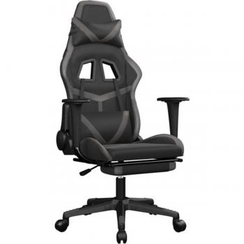 Silla de juego con masaje y reposapiés, cuero sintético negro y gris