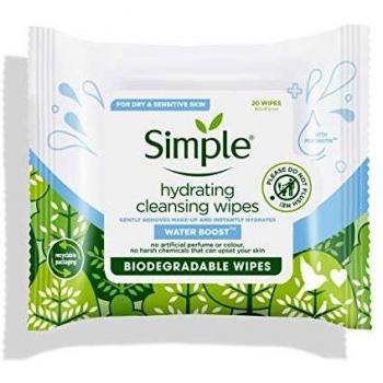 Simple Toallitas Biodegradables de Limpieza Facial Water Boost 20 Unidades