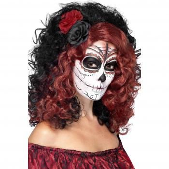 Smiffys - Día de Muertos Peluca con Rosas, Color Negro