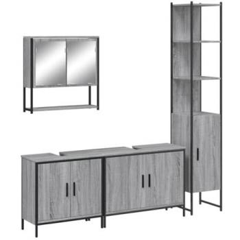 Set de muebles de baño 4 piezas madera contrachapada gris sonoma con armarios de lavabo, espejo de pared y estantes para aseo