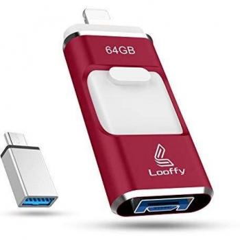 Looffy Memoria USB Pen Drive 64GB para iPhone y iPad USB 3.0 Memoria Flash Pendrive con Tipo C para iPhone iPad iOS Android Móvil Tableta PC 4 en 1