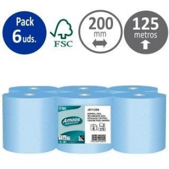 Pack 6 Rollos Papel Secamanos Amoos Professional 2 Capas, Azul, 200mm x 125m