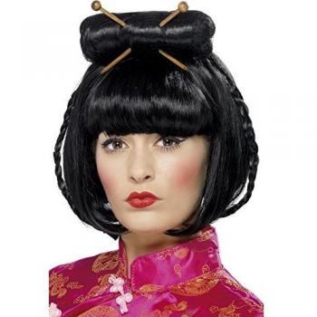 Smiffys 42218 - Peluca de dama oriental con palillos, Negro, Tamaño único