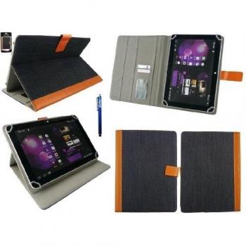 Emartbuy® Vexia Zippers Tab 10i Tablet 10.1 Pulgada Universal Range Denim with Tan Trim Ángulo Múltiples Executive Folio Funda Carcasa Wallet Case Cover Con Tarjeta de Slots + Azul Lápiz Óptico
