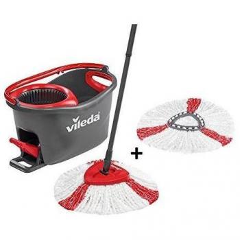 Vileda Turbo - Juego de fregona con palo telescópico, cubo escurridor giratorio y recambio de microfibras, incluye 1 recambio adicional, color negro y rojo, 48.6 x 29.6 x 29.3 cm