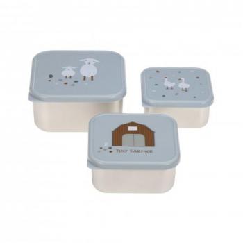 SET DE 3 CAJAS ALMUERZO INOX GRANJA LÄSSIG - Fiambreras de acero inoxidable, juego de 3 unidades, diseño Tiny Farmer blue