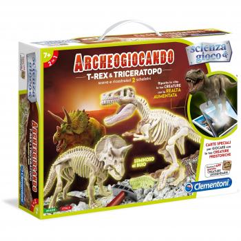 Clementoni Archeogiocando: Juego Educativo de Ciencia con T-Rex y Triceratopo Multicolor