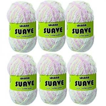 LALANA SUAVE 1174- PACK de 6 ovillos de 80grs cada uno para tejer. Multicolor ROSA-BLANCO-AMARILLO