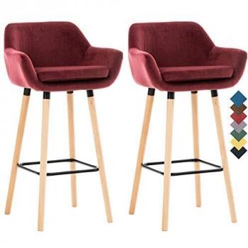 Set de 2 Taburetes de Bar Grant en Terciopelo Rojo con Respaldo y Reposabrazos, Estructura de Madera