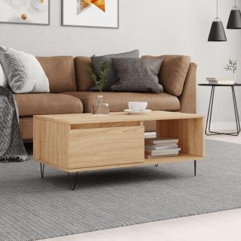 Mesa de centro vidaXL de madera contrachapada en color blanco brillante y roble Sonoma, dimensiones 90x50x36,5 cm, apta para salón o comedor como mesita auxiliar o mesa de café