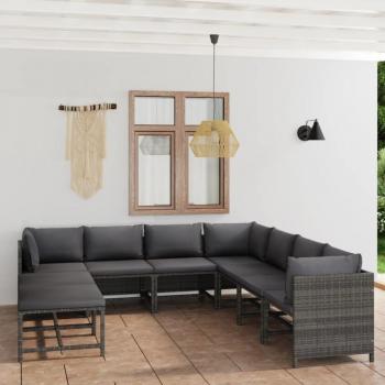 9-Piece Grey Poly Rattan Garden Lounge Set with Cushions