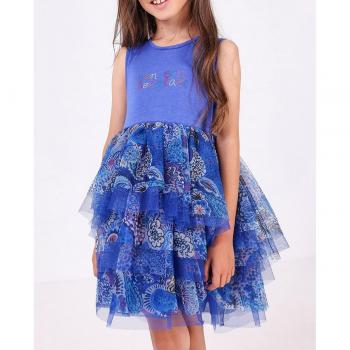 Vestido combinado de niña en color azul con volantes de tul
