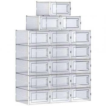 SONGMICS Cajas de Zapatos, Paquete de 8 Organizadores de Almacenamiento, Plegables y Apilables para Zapatillas hasta talla 46, Transparente y Blanco LSP08MWT