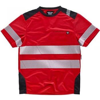 WorkTeam Camiseta Combinada Manga Corta Alta Visibilidad en Poliéster Micropiqué, Cuello Redondo, Cintas Reflectantes Segmentadas. Unisex Rojo+Gris Oscuro 3XL