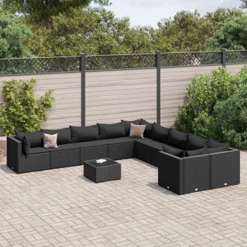 11-Piece Black Poly Rattan Garden Sofa Set with Cushions