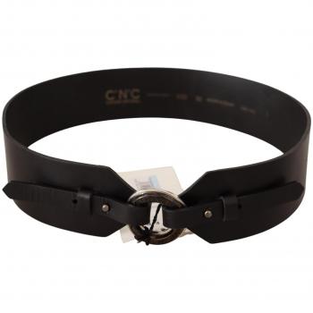 Costume National Black Leather Silver Round Buckle Belt - 85 cm / 34 Inches
