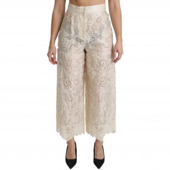 Dolce & Gabbana Cream Lace High Waist Palazzo Cropped Pants - IT44|L, Beige, Size: M