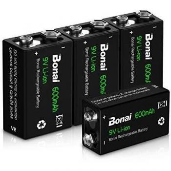 BONAI Pila 9V Recargable 600mAh Li-Ion 9V Pilas 4 Piezas Precargada Baja Autodescarga 1200 Ciclos Larga Duración para Micrófonos, Alarma de Humos, Juguetes electrónicos, Walkie Talkie