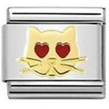 Charm Composable de Gato con Ojos en Corazón de Acero Dorado y Esmalte Rojo