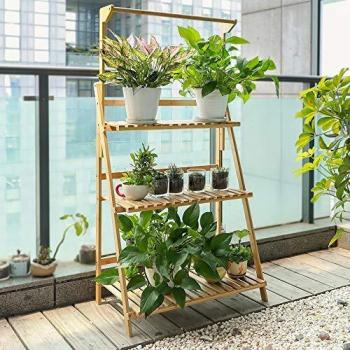 TOLEAD Soporte De Escalera De Plantas De Bambú Sólida Y Duradera, 3 Niveles con Varilla para Colgar, Ideal para Interior, Exterior, Balcón, Patio, Jardín, Gran Capacidad hasta 80kg