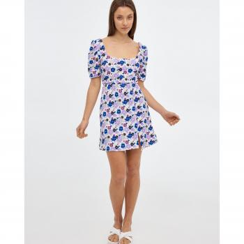 Vestido mini ajustado de manga corta y cuello cuadrado con estampado de flores y abertura en la espalda