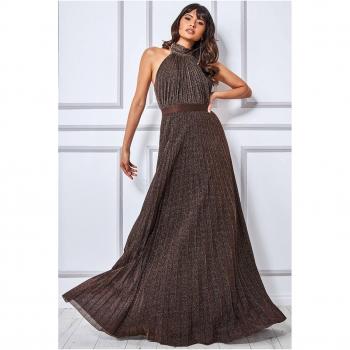 Goddiva Exclusive Lurex Halterneck Pleated Maxi Dress - Bronze