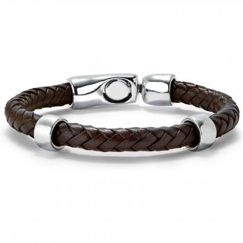 Pulsera Caballero SER NATURAL de UNO DE 50, cuero trenzado marrón con 2 circunferencias bañadas en plata de ley, fabricación artesanal