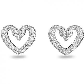 Swarovski Una Swan Heart Earrings, Heart Crystal Stud Earrings, Gray female, Size: ONE SIZE, Ladies Una Small Heart Stud Earrings 5625535, White Pavé Crystals, Rhodium Plated from the Una Collection