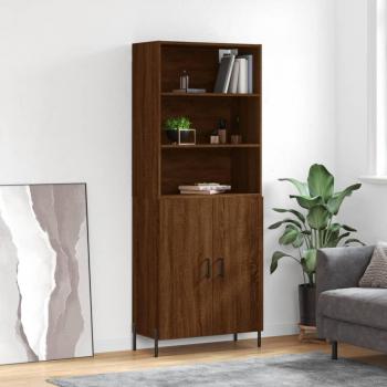 Aparador alto de madera contrachapada marrón roble 69,5x34x180 cm con 2 puertas, mueble de almacenaje para salón, buffet y armario auxiliar