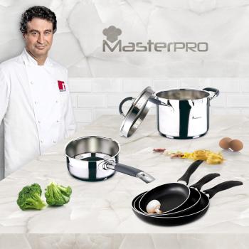 Masterpro - Batería de Cocina Set 6 pcs: Cazo Ø16 cm; Olla Recta Ø16 con Tapa; y Set 3 sartenes Ø16; Ø20; Ø24 cms, Inducción