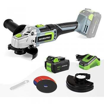 WORKPRO Amoladora Angular 20V, Amoladora en Angulo Inalámbrica 125 mm, 5 Discos de Corte para Acero INOX, Batería de 4,0Ah y Cargador Rápido, 2 Cubiertas Protectoras de Ruedas, Mango Auxiliar