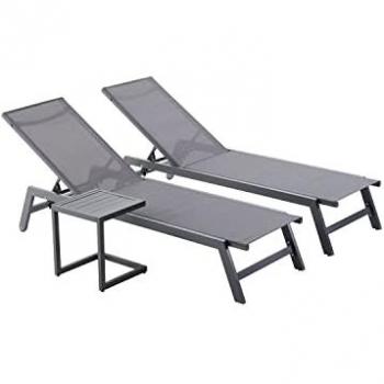 Conjunto de 2 tumbonas reclinables y mesa auxiliar gris y negra Prato - Aluminio textil, respaldo ajustable, ideal para jardín, terraza, playa o piscina